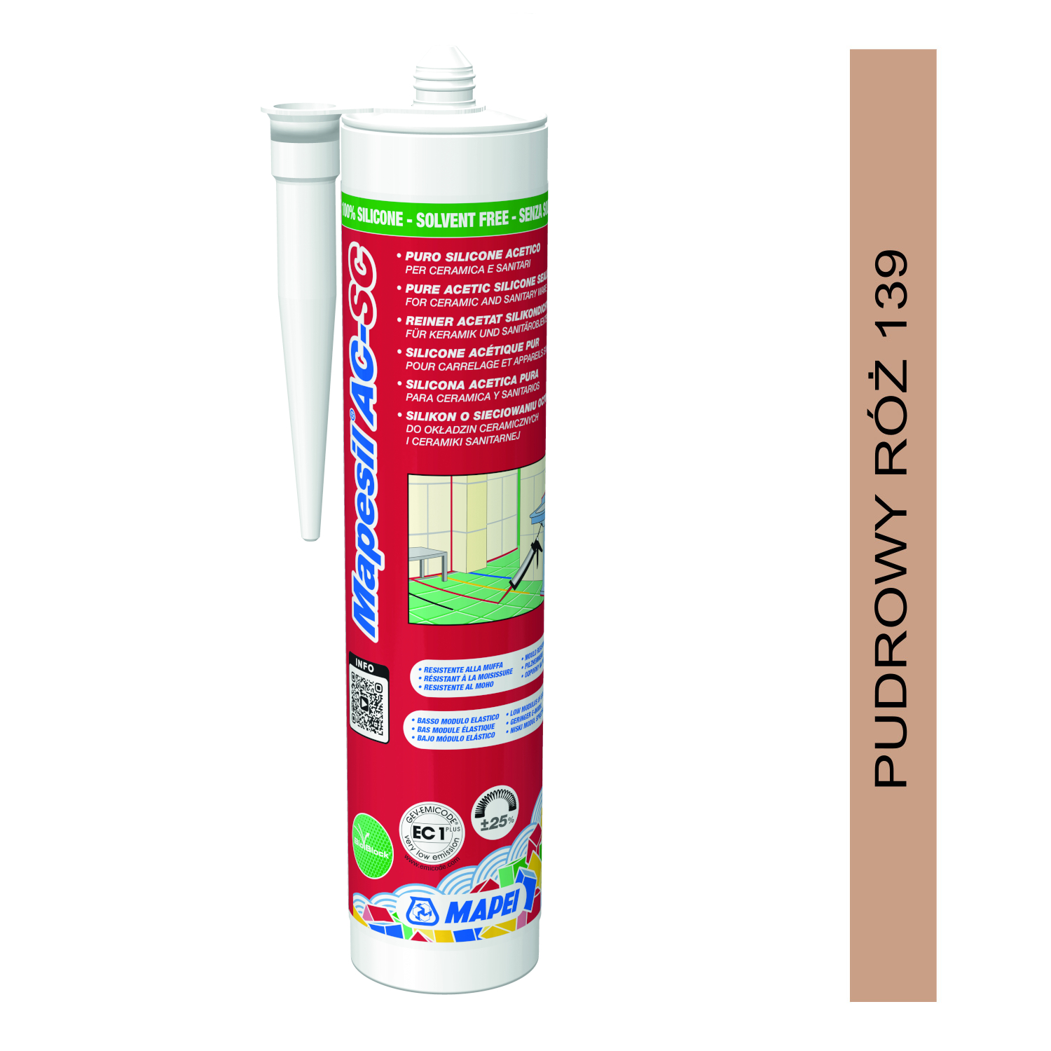 Mapei Mapesil AC SC Pudrowy Róż 139 - Silikon Sanitarny Przeterminowany silikon MAPEI MAPESIL AC 310ml (139) pudrowy róż